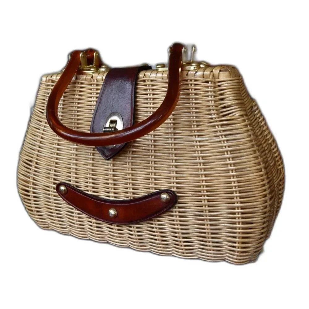 Vintage 60s Wicker Basket Handbag Hong Kong Lucite Handles Leather Trim